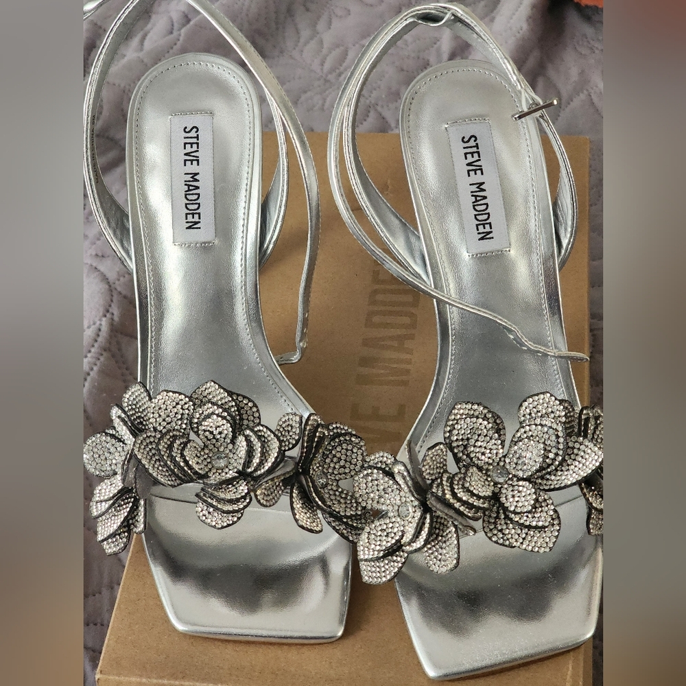 Steve Madden Metallic Silver Heels with Floral Accents